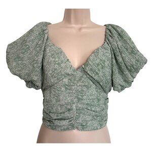 Lush Sage Floral Top Size Small Puff Cropped Short Sleeve NWT $30 Smocked Green